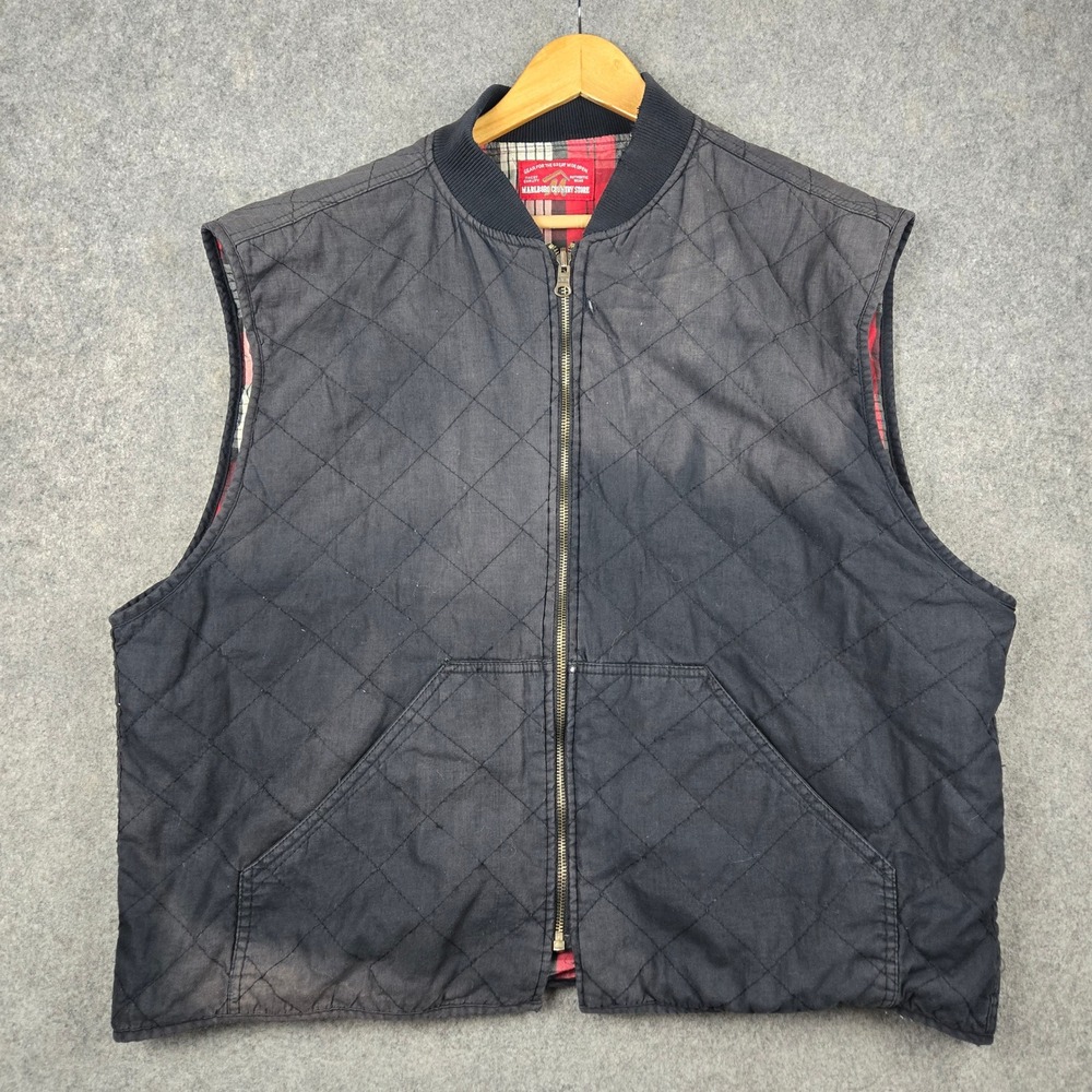 Vtg Marlboro Country Quilted Vest Mens XL Black Faded Reversible Plaid